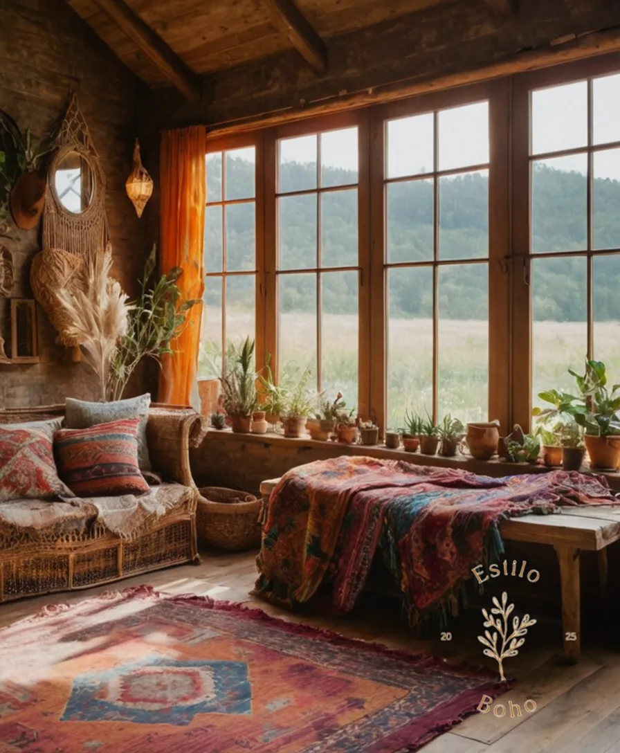 Natural fiber textiles in an eclectically decorated bohemian living space.