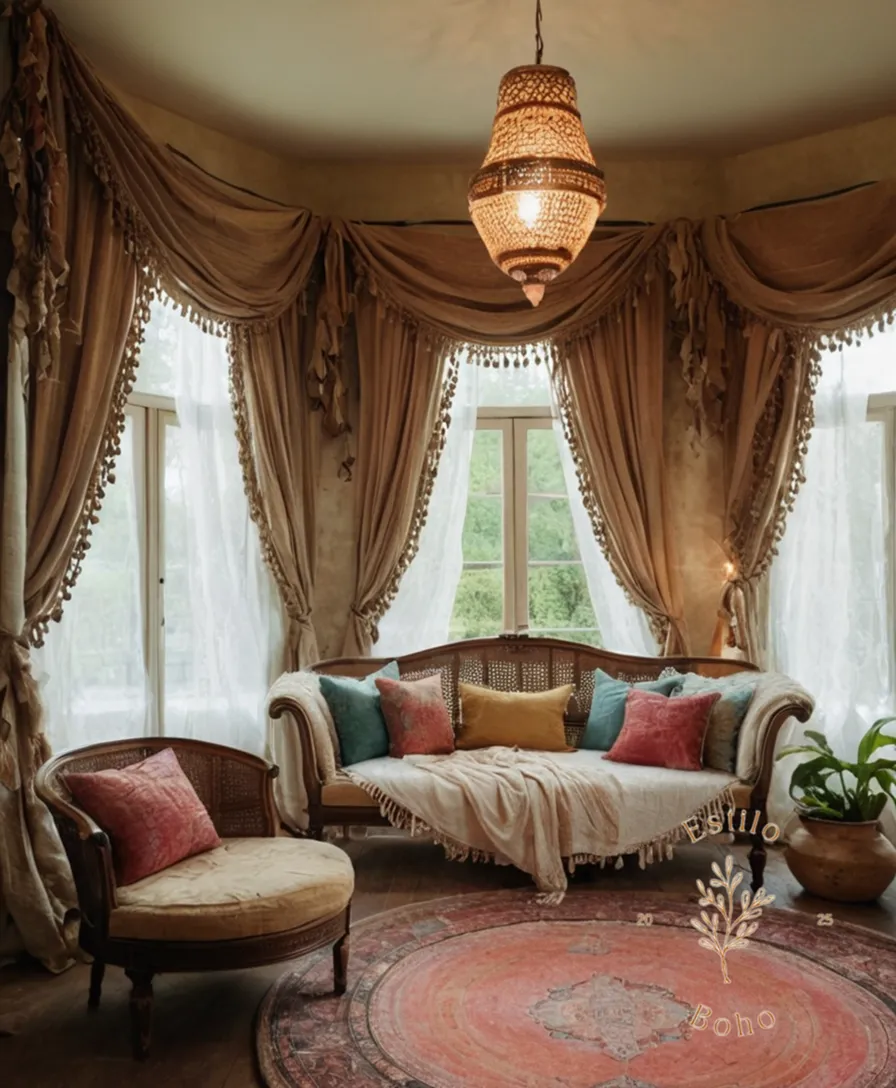 Natural cotton fabrics draped over bohemian-inspired furniture.