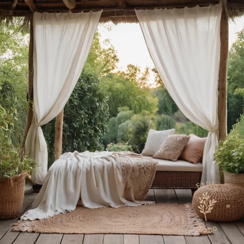 Organic cotton textiles in boho chic decorative settings outdoors.