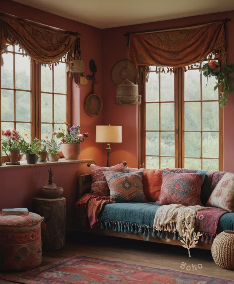 A mix-matched bohemian-inspired decorative pieces and textiles.