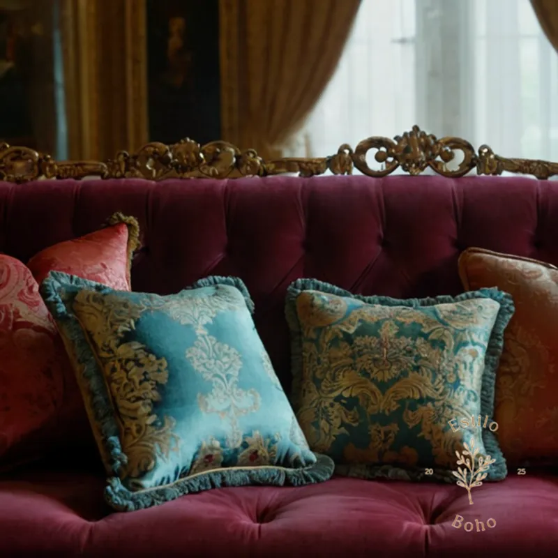 3-4 over-stuffed pillows on an ornate, oversized sofa.