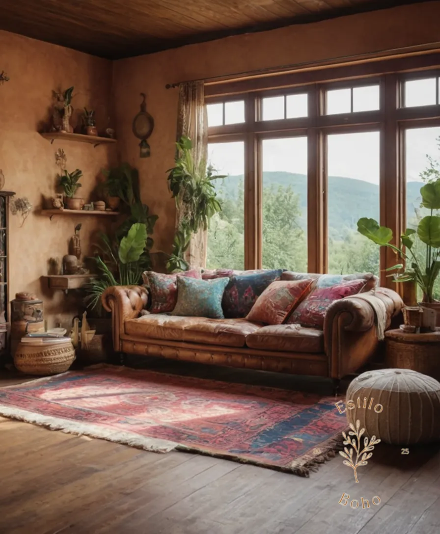 A bohemian-style living room with vintage decor and textures.