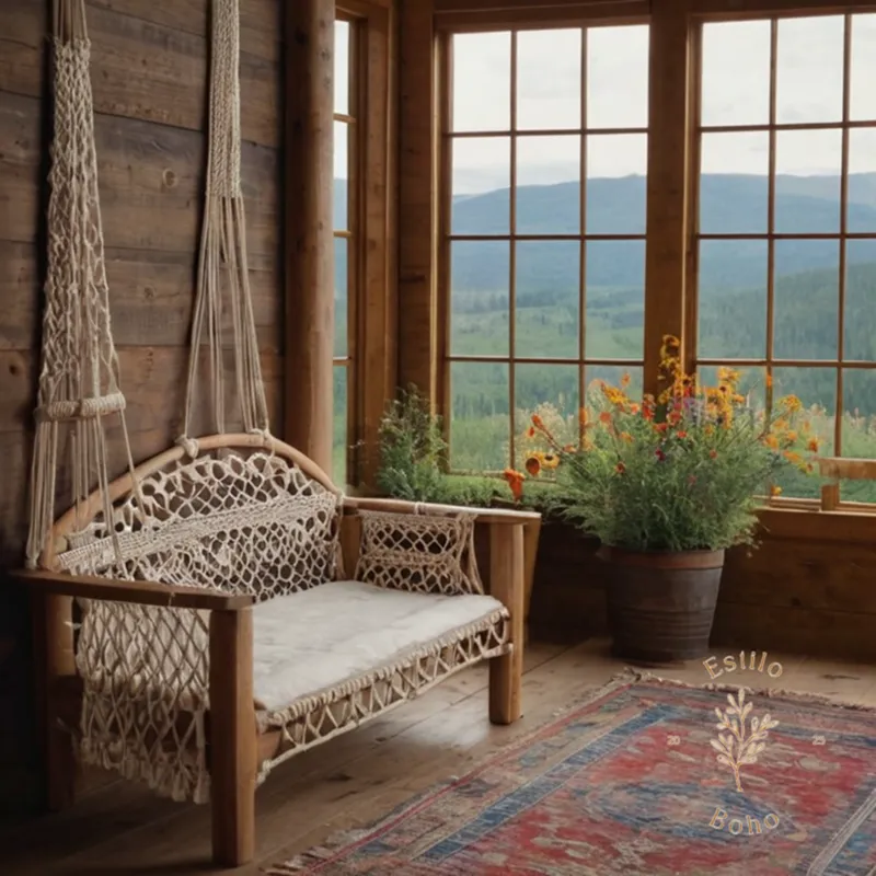 Unpainted wooden furniture, macrame textiles, and wildflowers in a rustic setting.