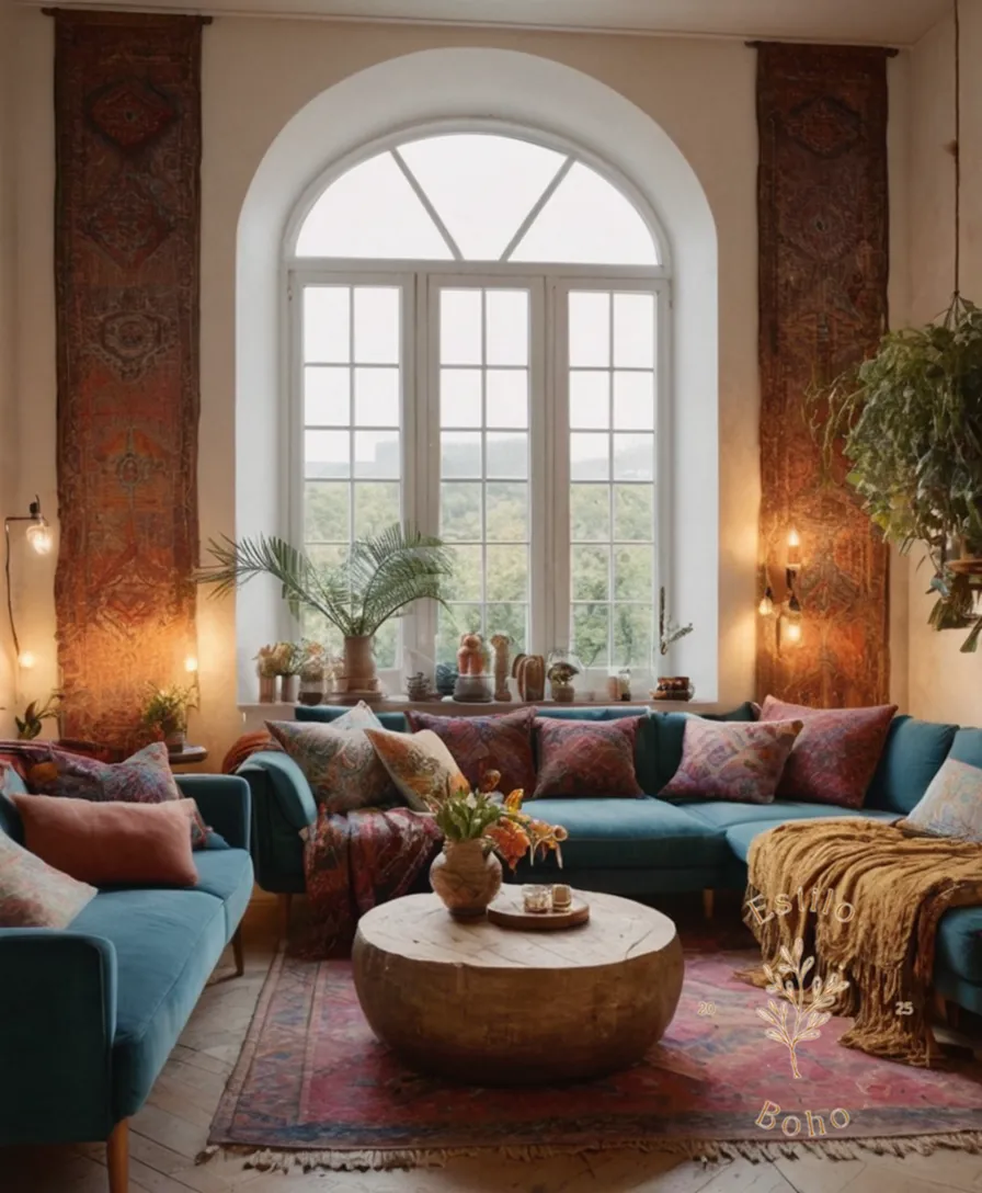 A bohemian-inspired living room with eclectic textures.