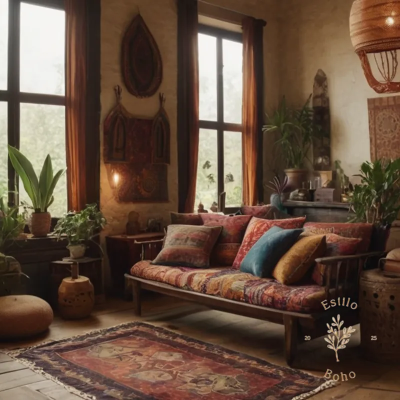A bohemian-inspired room with varied textures and patterns displayed.