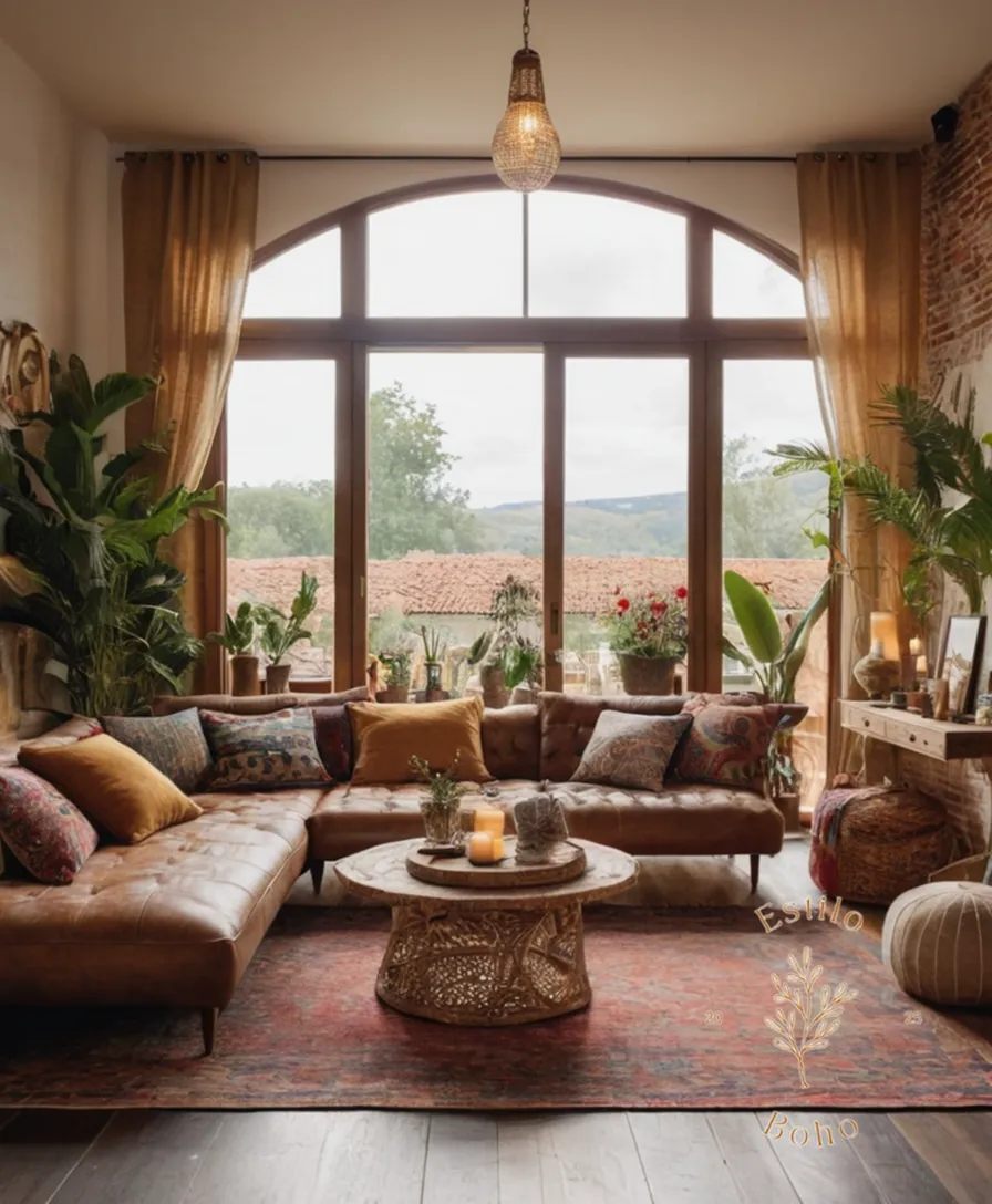 A stylish, textured living space with bohemian decor elements.