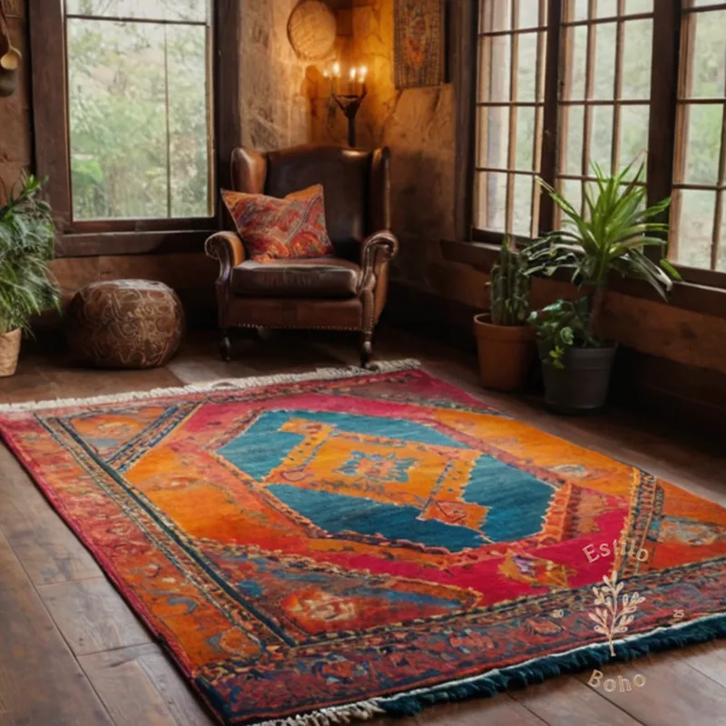 A colorful, rustic rug amidst a bohemian-inspired interior setting.