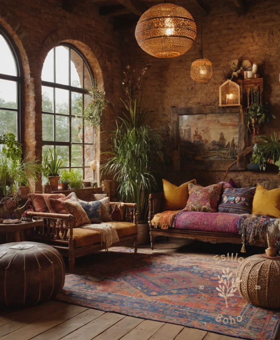 A bohemian-inspired, uniquely decorated interior space showcasing eclectic textures.