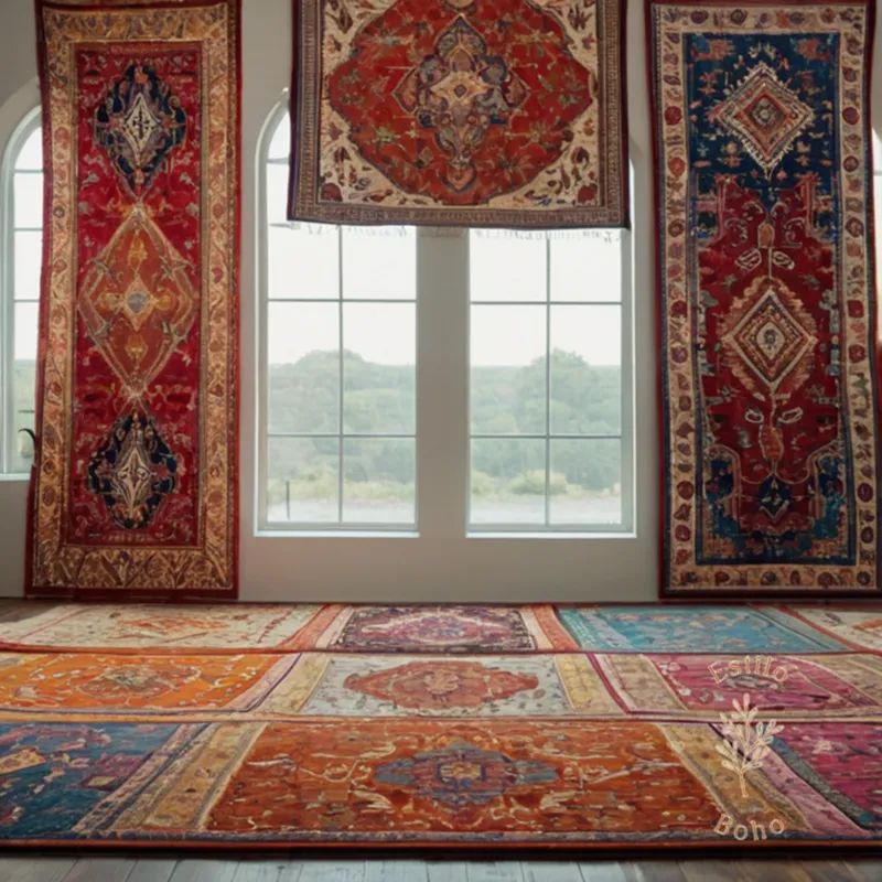 3-4 different colorful, ornate bohemian-inspired rugs arranged neatly together.