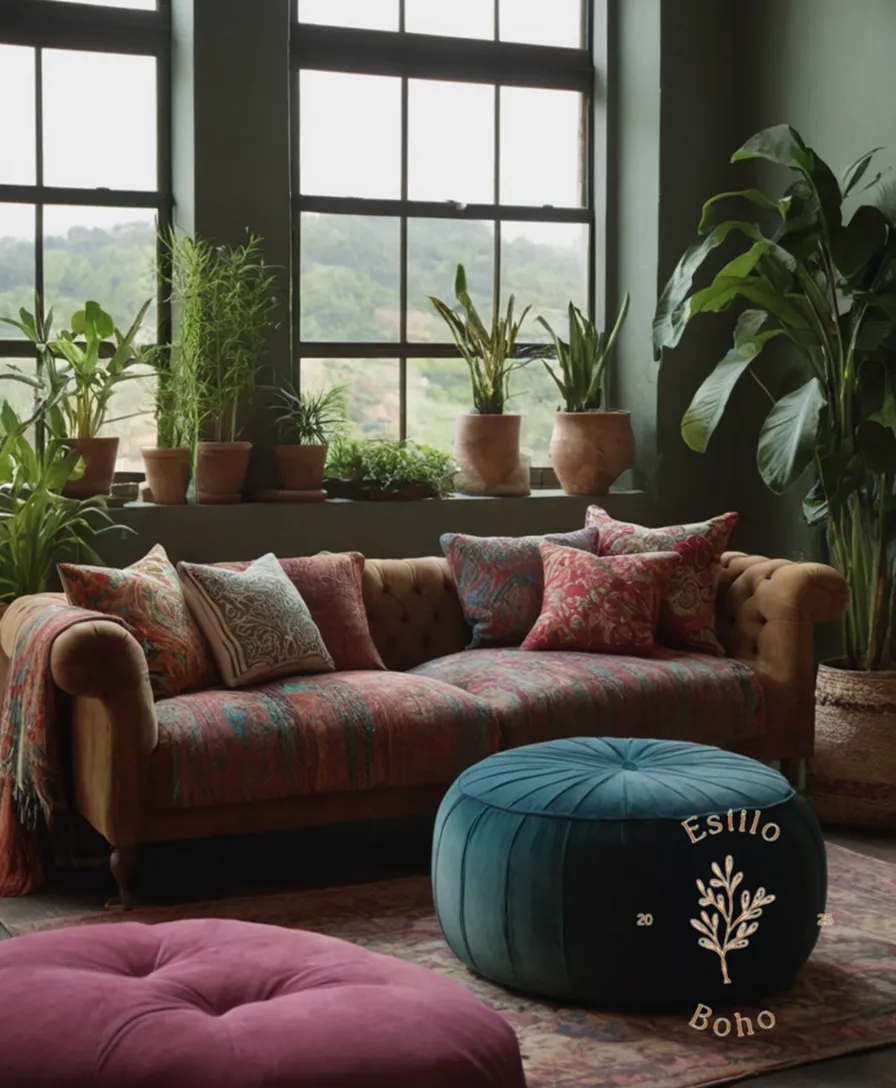 A lush, eclectically decorated space with textured patterns and textiles.