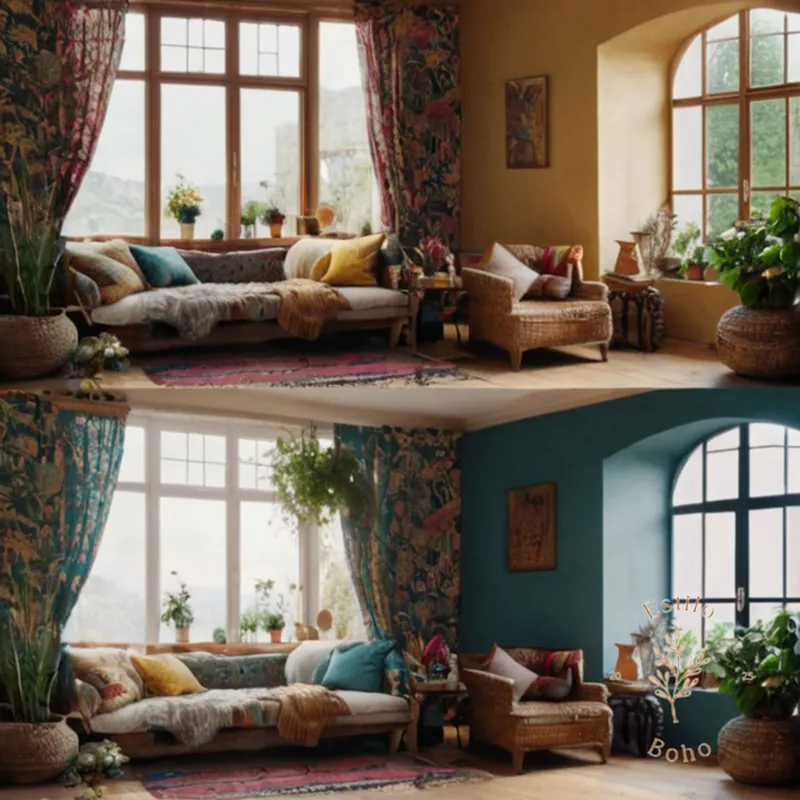 2 bohemian-style interior spaces side-by-side for comparison.