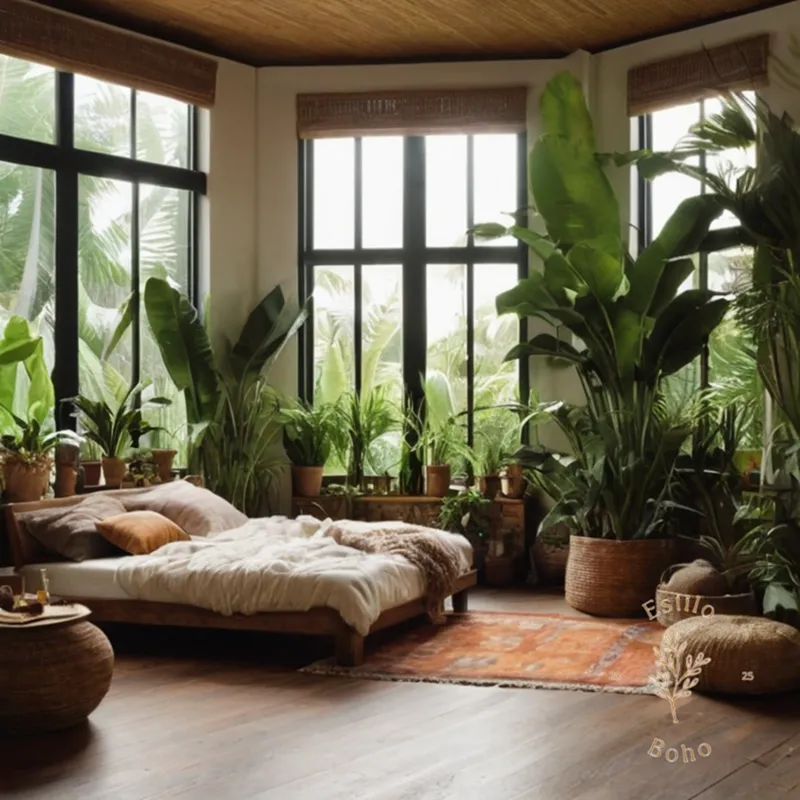 A bohemian-inspired indoor space with lush, tropical plants.