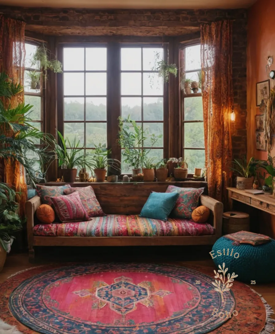 A bohemian-inspired room with colorful, textured decor.
