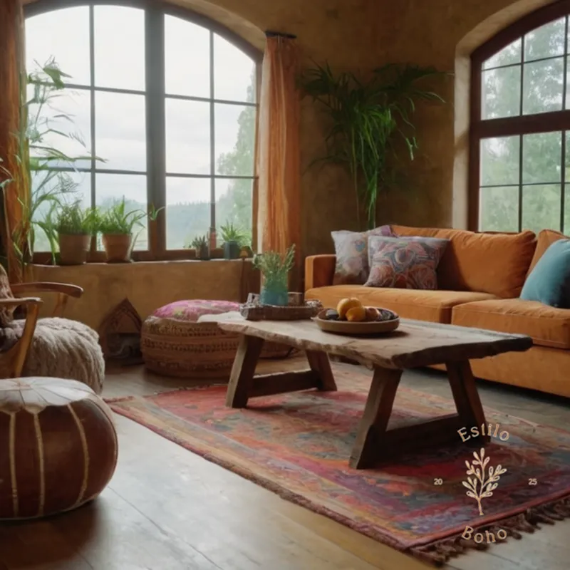 A bohemian-style living room with natural textures and vibrant colors.