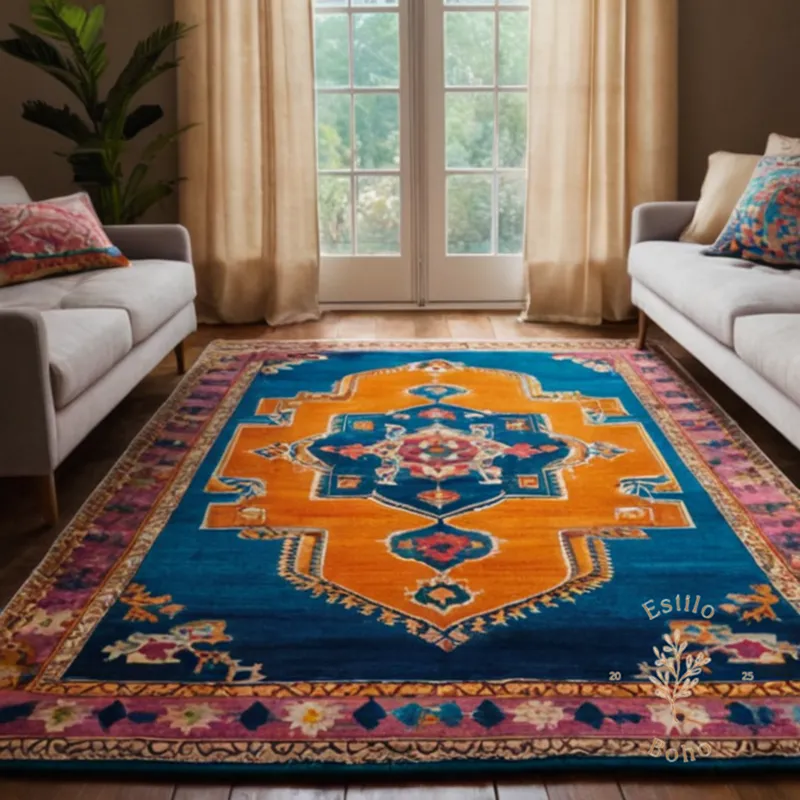 A trendy, colorful living room with boho-inspired rugs.
