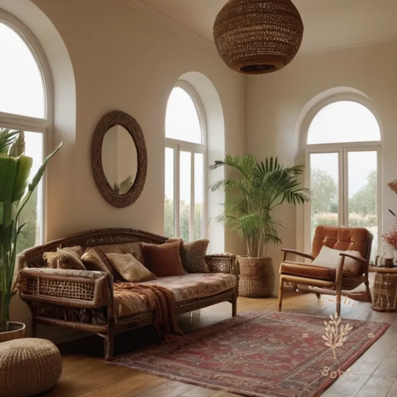 A bohemian-style room with mixed textures and furniture.
