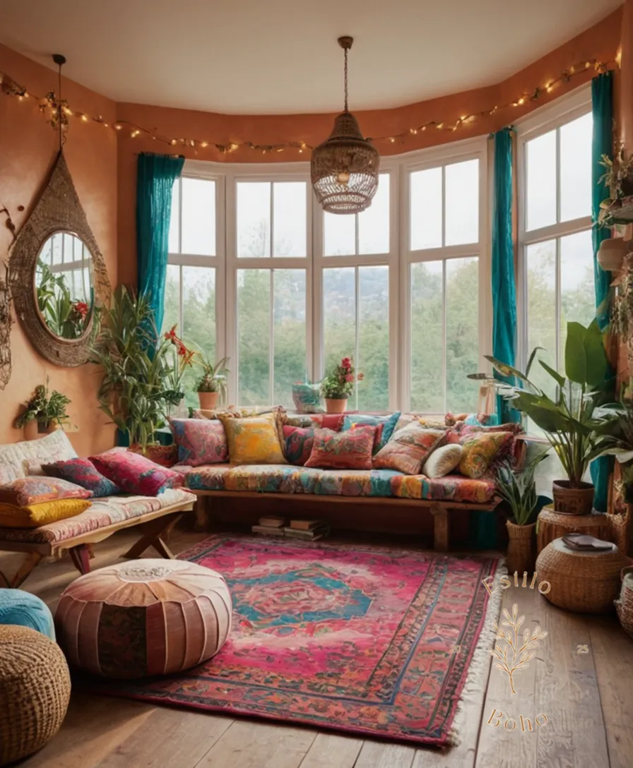 A colorful, eclectic bohemian space with mixed textures and patterns.