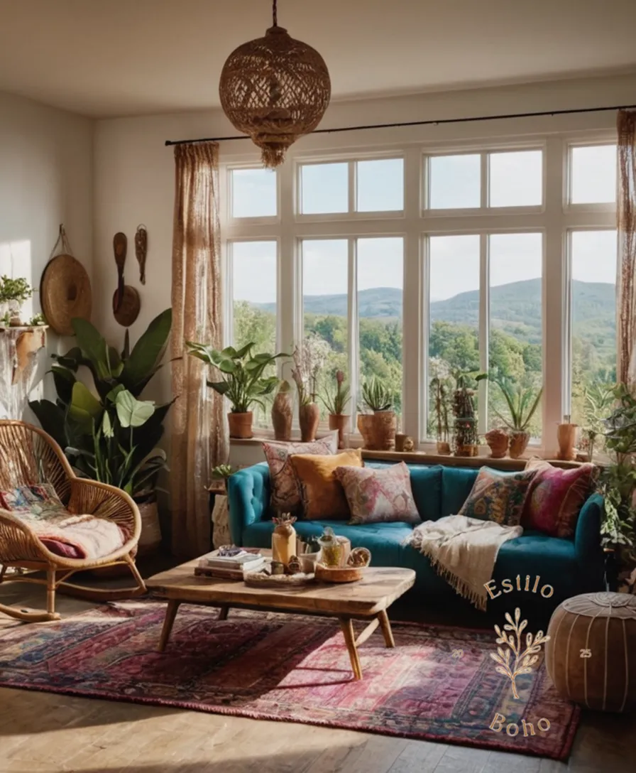 A curated bohemian living space with eclectic textured decor.