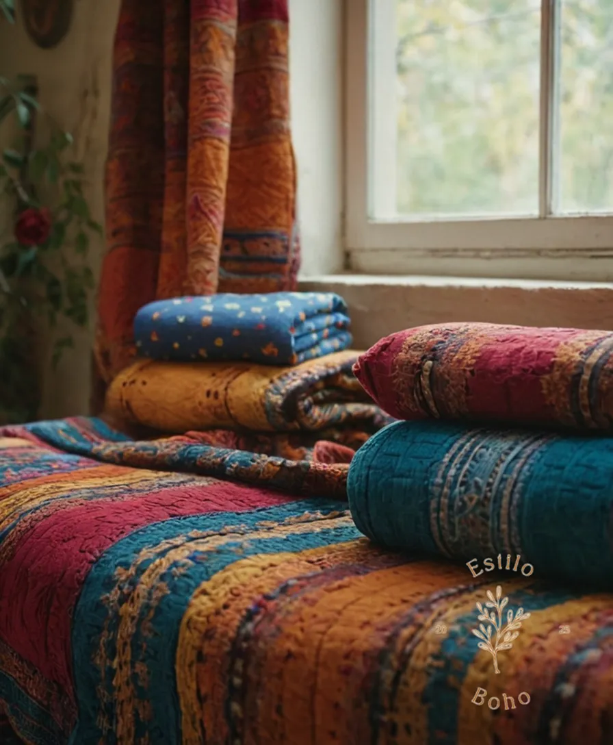 4-6 bohemian-inspired textiles and blankets in various colorful patterns.