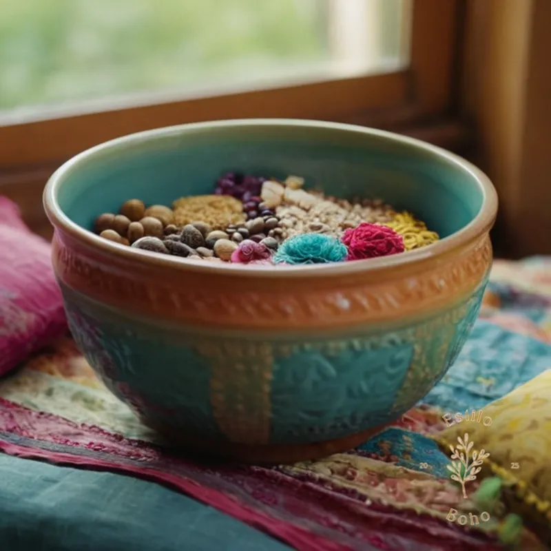A colorful mixing-bowl filled with assorted bohemian-inspired fabrics and textiles.