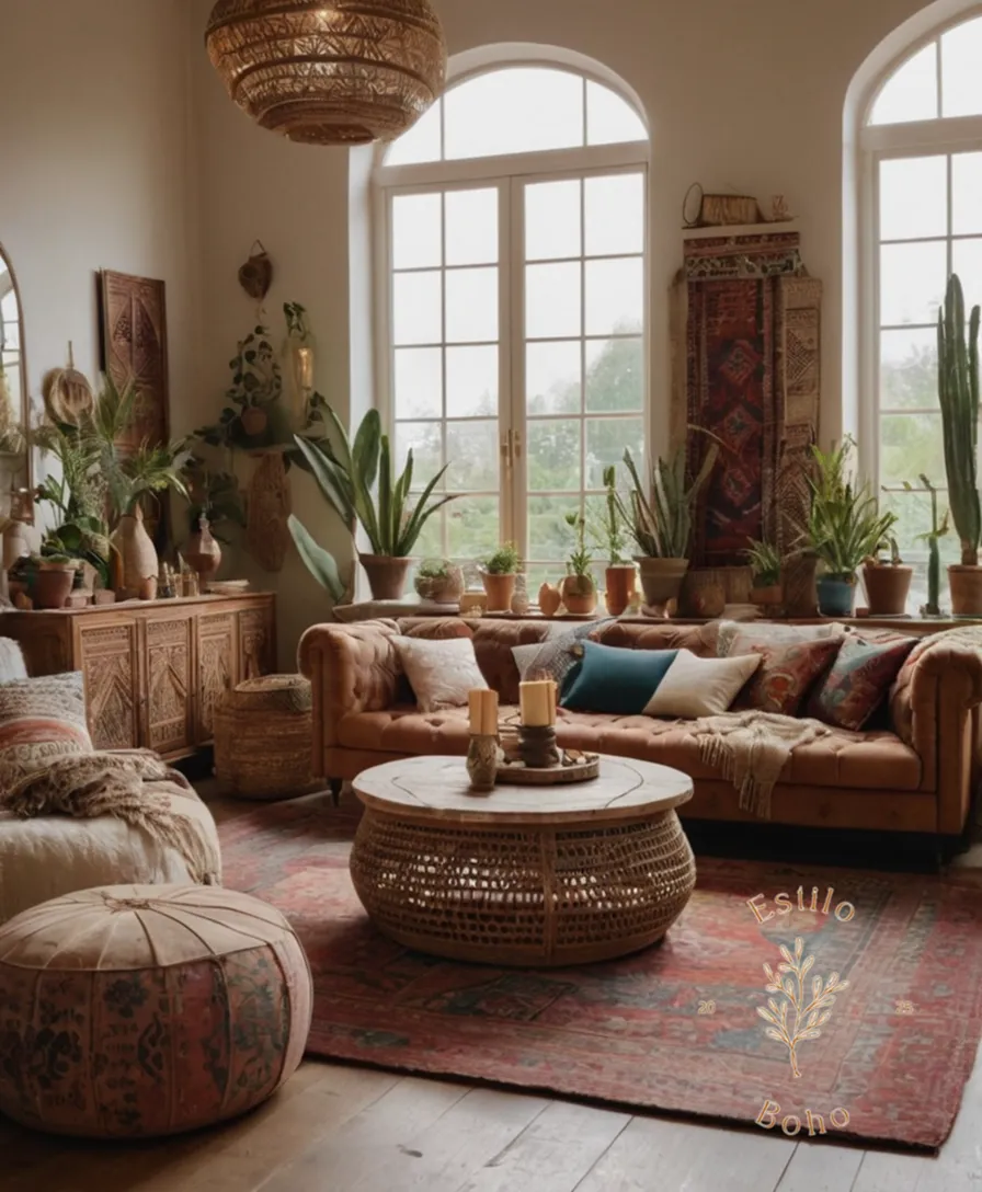 A bohemian-style living room with eclectic, textured decor pieces.
