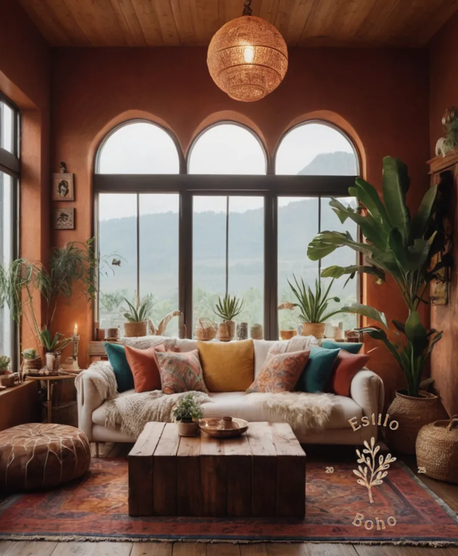 A cozy living room with bohemian decor textures.