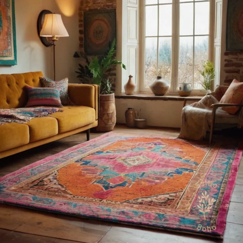 A colorful, textured living room with cozy bohemian rugs.