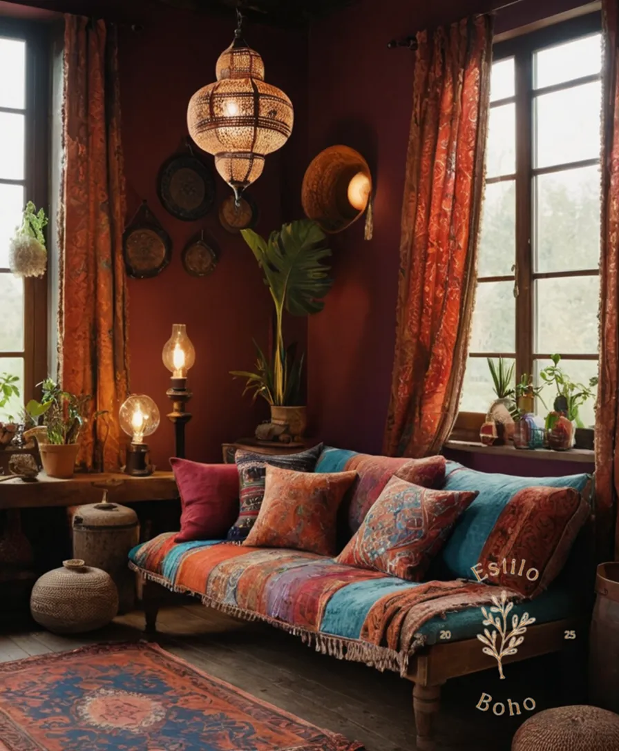 3 eclectic room settings with bohemian lamps and textiles.