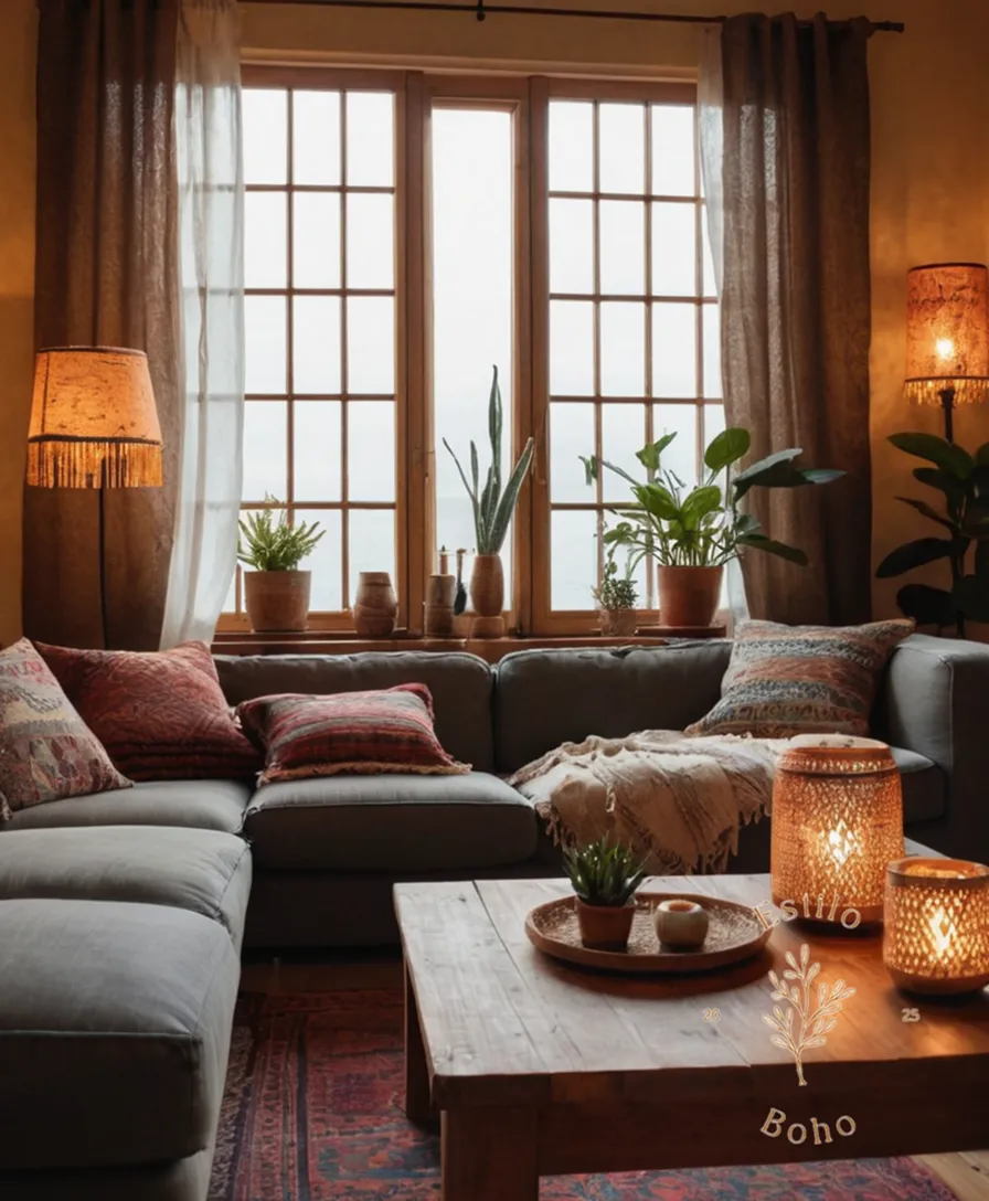 A cozy living room with bohemian-style lamps and decor.