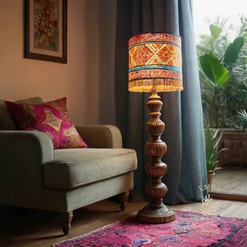 A stylish bohemian floor lamp with colorful textiles.