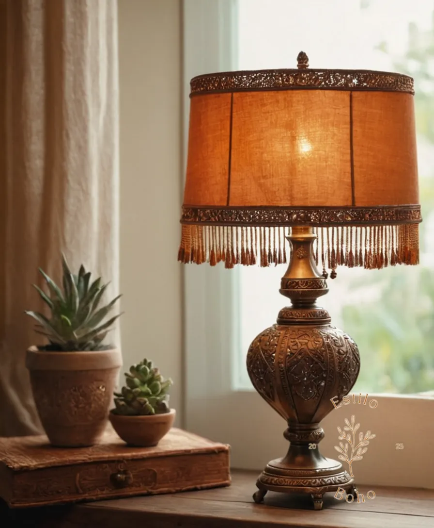 A bohemian lamp styled with other decorative elements.
