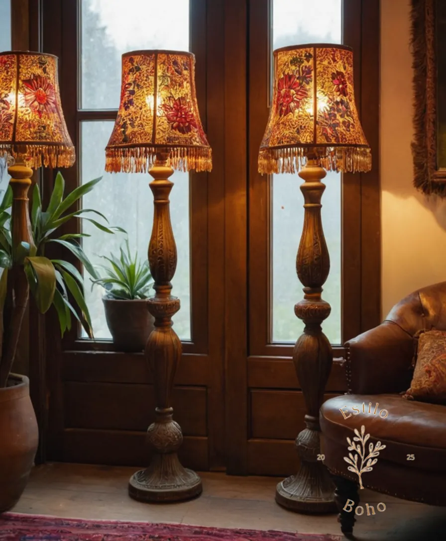 3 bohemian floor lamps decorating a small, cozy living space.