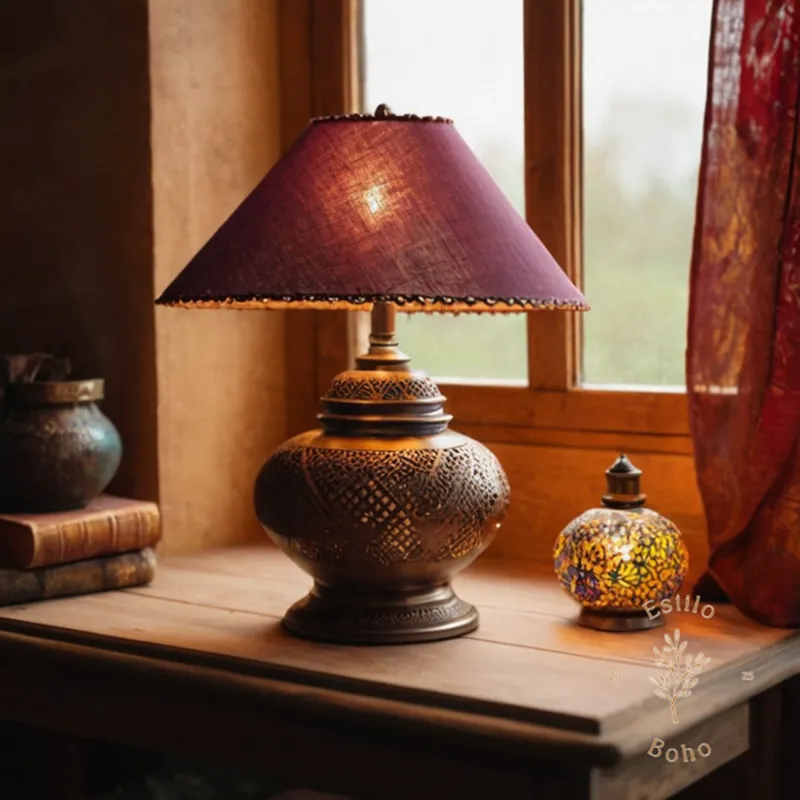A bohemian lamp on a small room shelf or table.