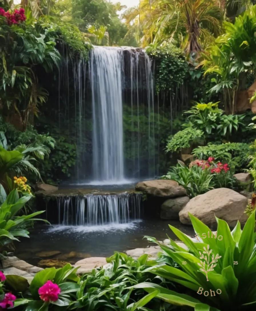 A lush, bohemian garden waterfall scene.