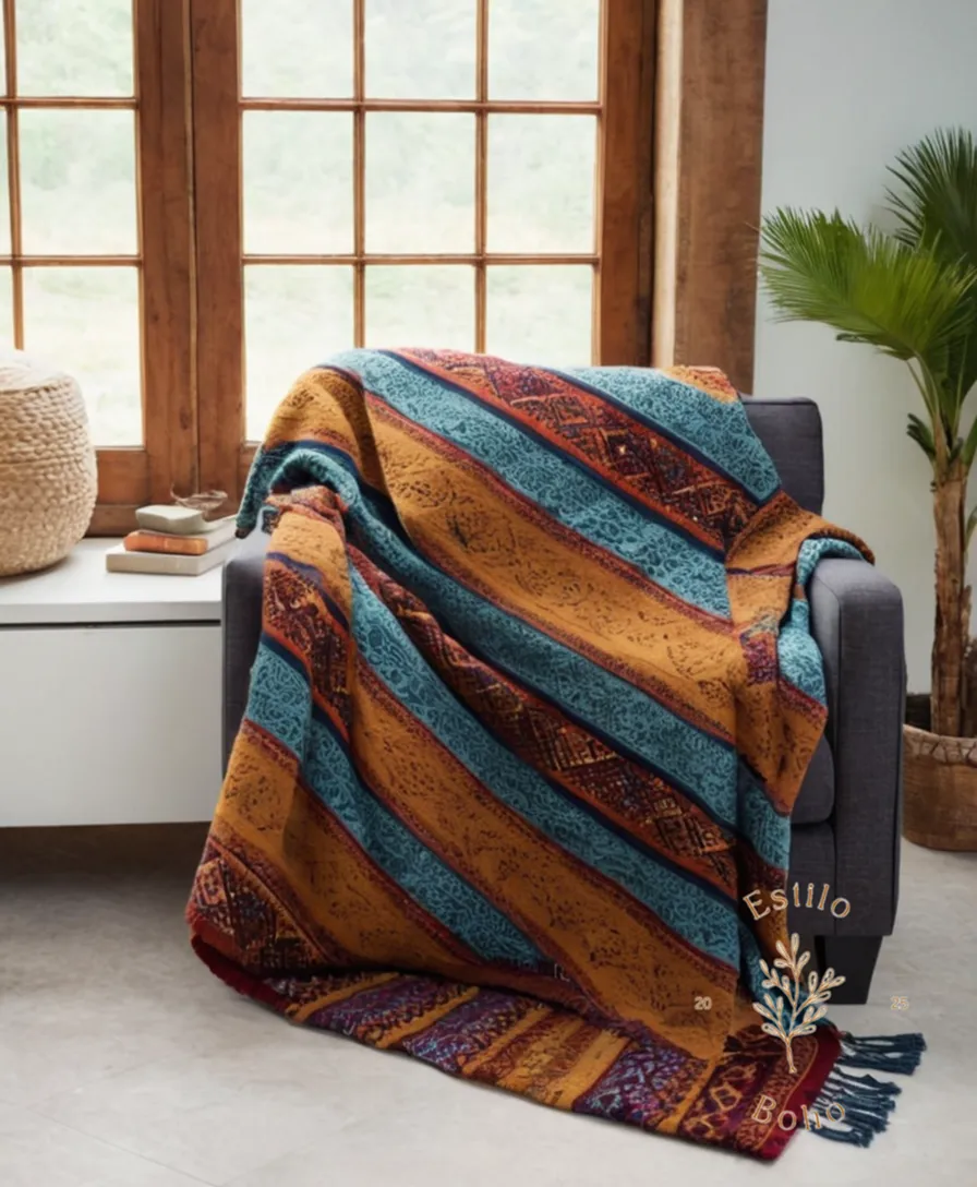 A colorful bohemian-inspired throw blanket being carefully folded and handled.