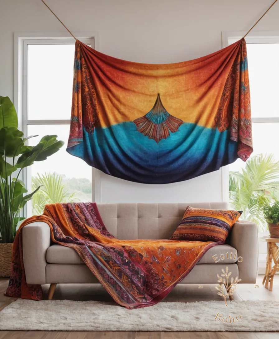 A colorful manta boho draped over a stylish sofa decor.