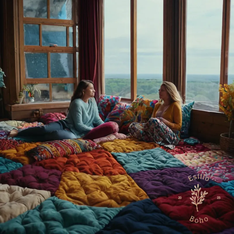 3-4 stylish women lounging on colorful blankets.