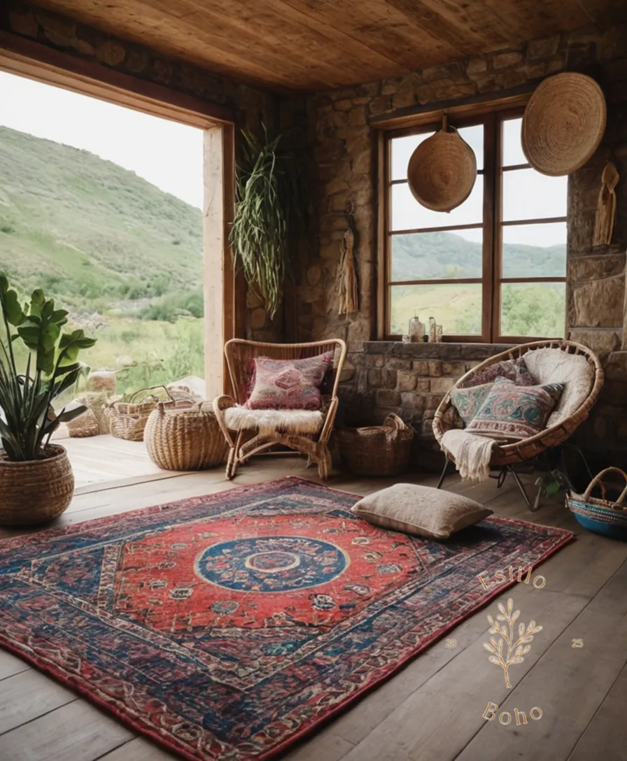 BoHo textured decor elements, such as woven rugs and baskets.