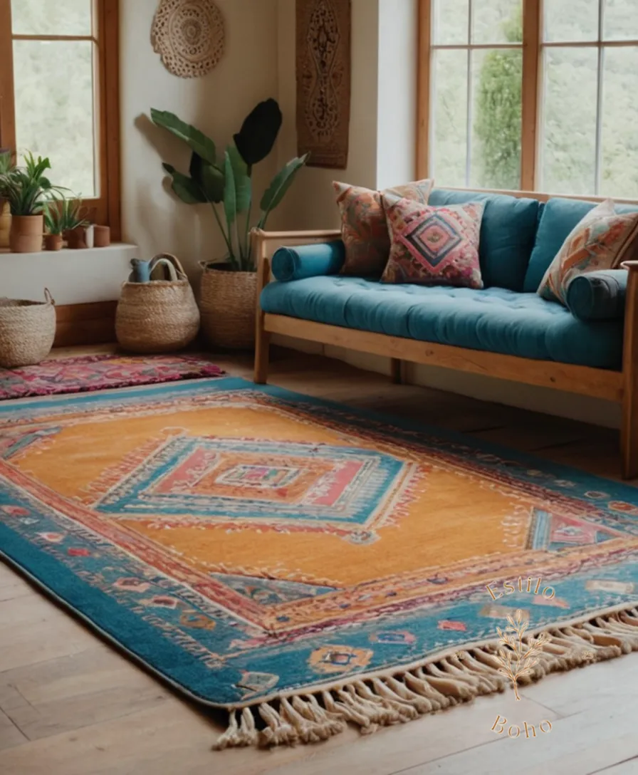 A stylized, colorful bohemian-themed room with a subtle yute rug.