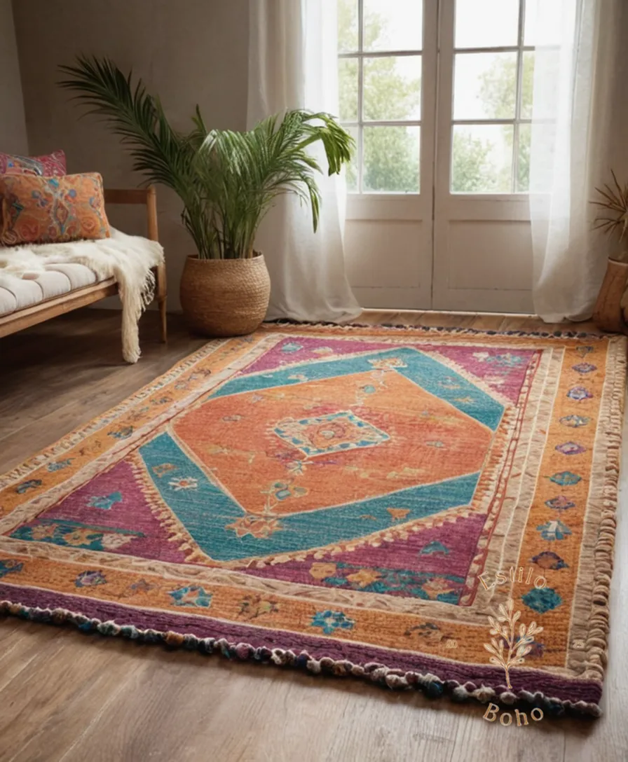 A bohemian-inspired jute rug in a lively room setting.