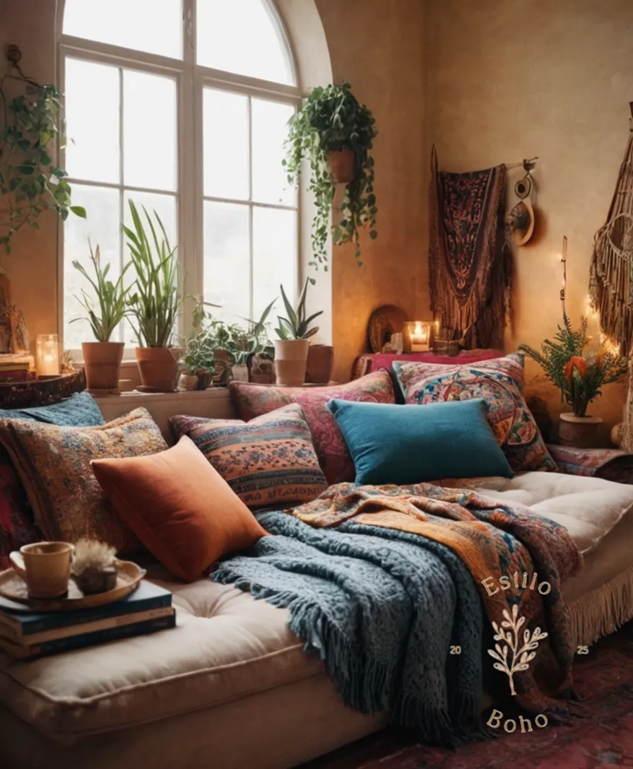 A cluttered bohemian-inspired room with combined throws and pillows.