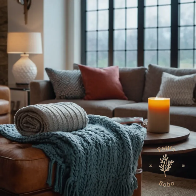 A cozy living room setting with throw blankets and pillows.