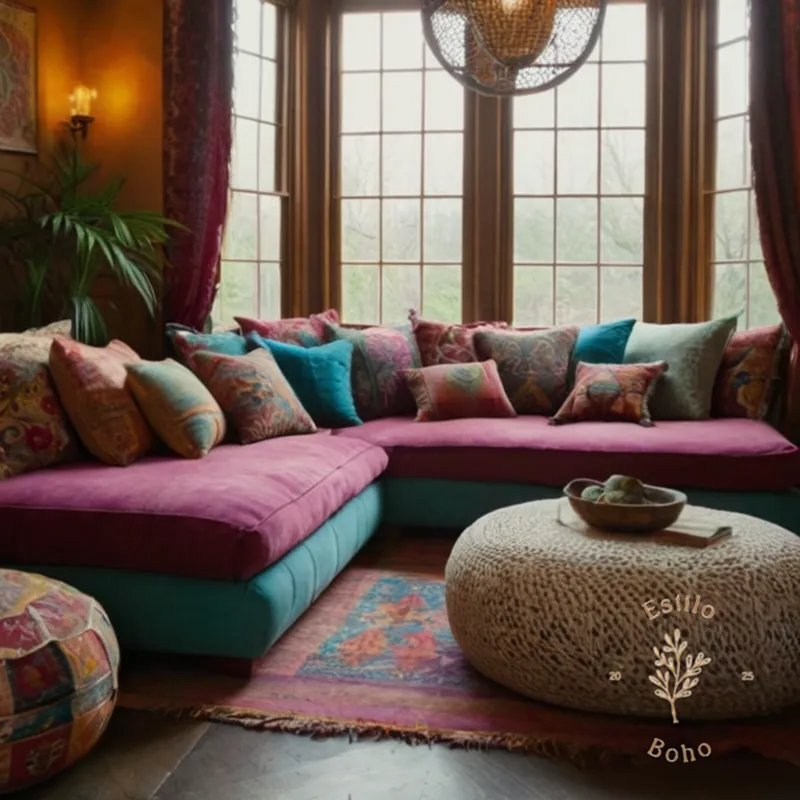 A colorful, textured bohemian-inspired lounge scene with eclectic pillows.