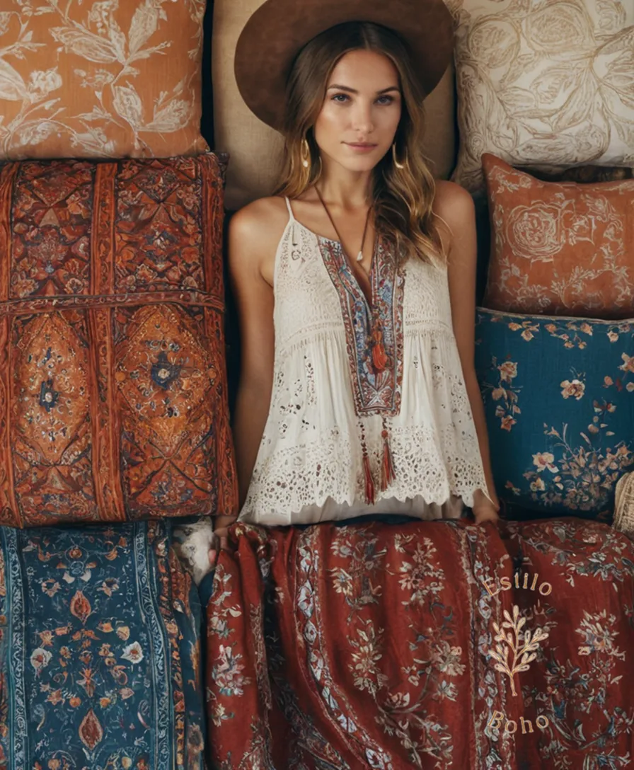 2 Boho-inspired outfits or textiles in mix-and-match configurations.
