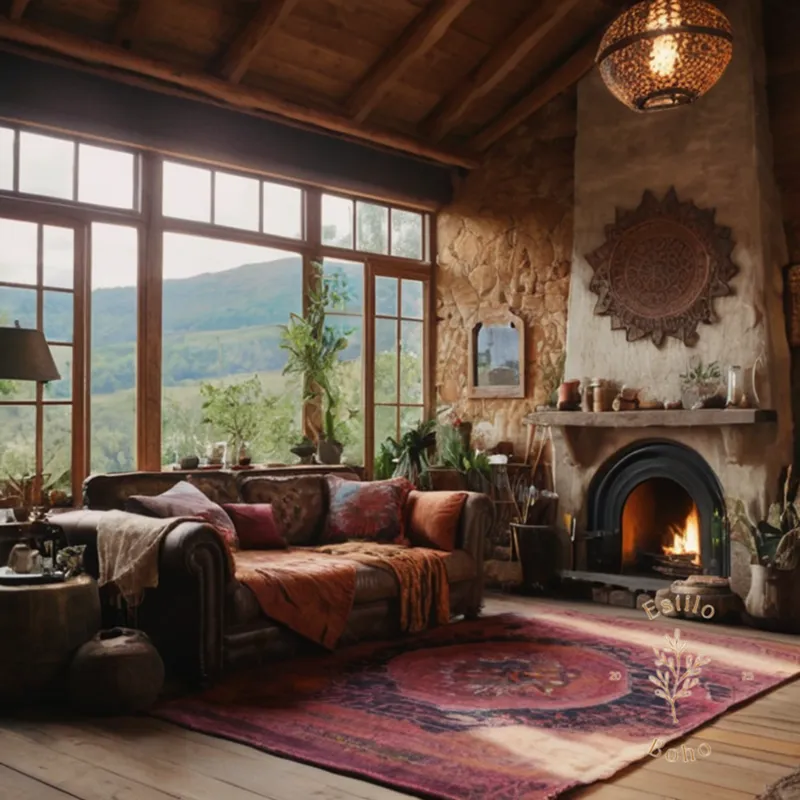 A mixed-media bohemian interior space with natural and synthetic elements.