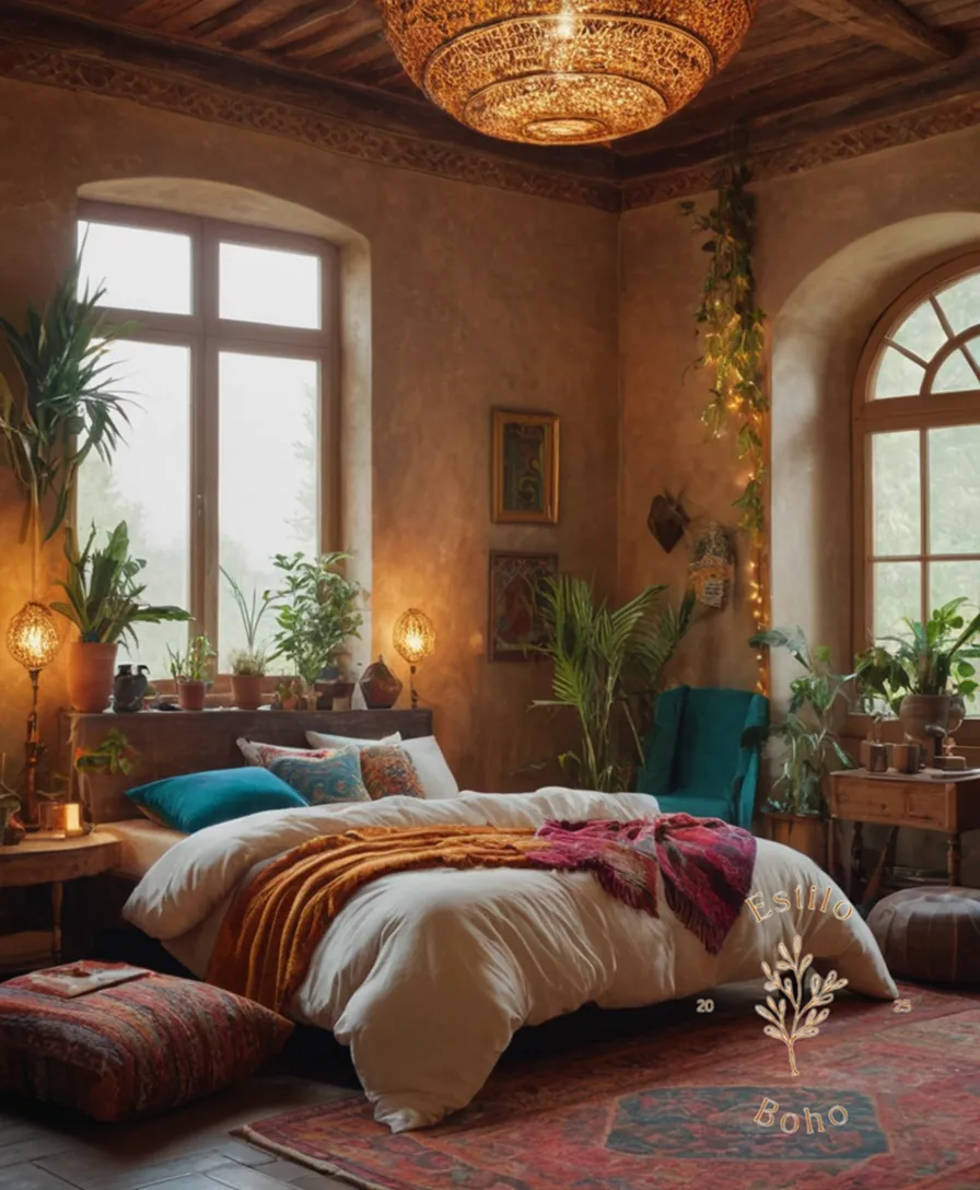 A beautifully decorated bohemian-style room with mixed textures.