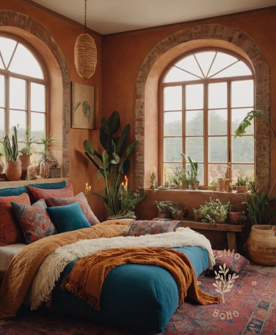 A bohemian-inspired room with mixed textures and decorative patterns.