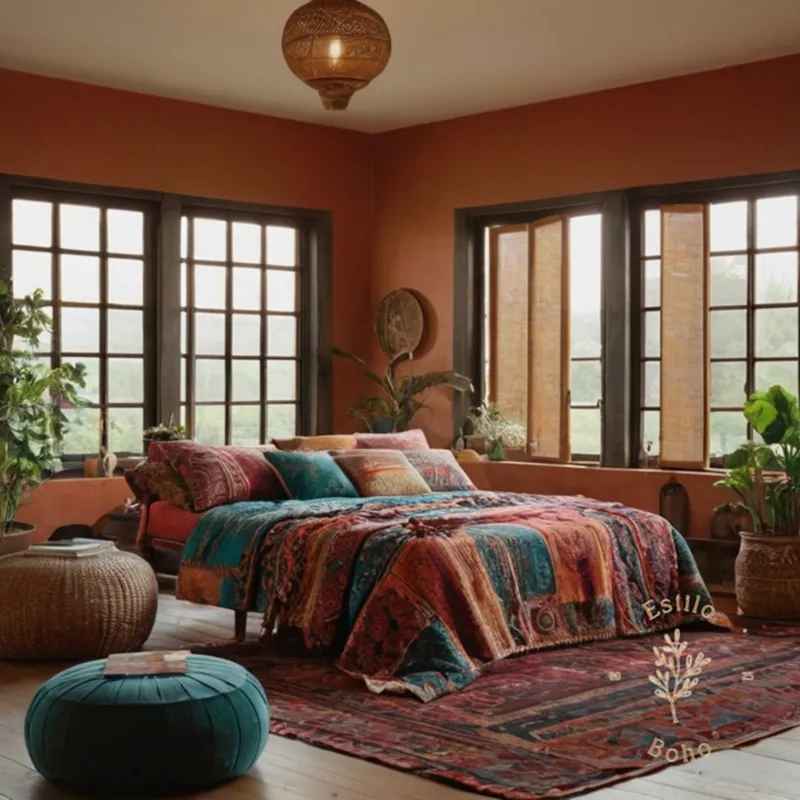 A room set featuring bohemian-inspired textiles and furniture.