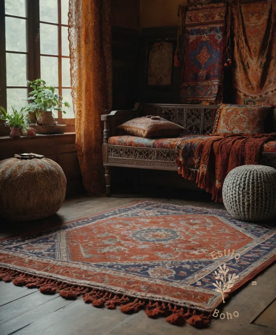 Eclectic textiles, such as rugs and lace, in bohemian decor settings.