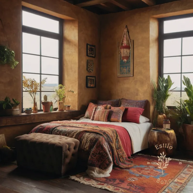A bohemian-style room with eclectic, textured decor on a budget.